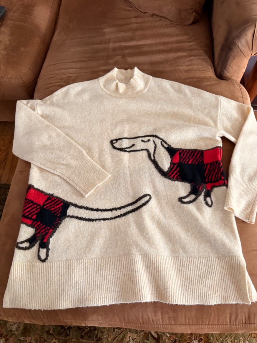 LOFT Dachshund Dog Buffalo Plaid Cream Mock Turtleneck Sweater Tunic